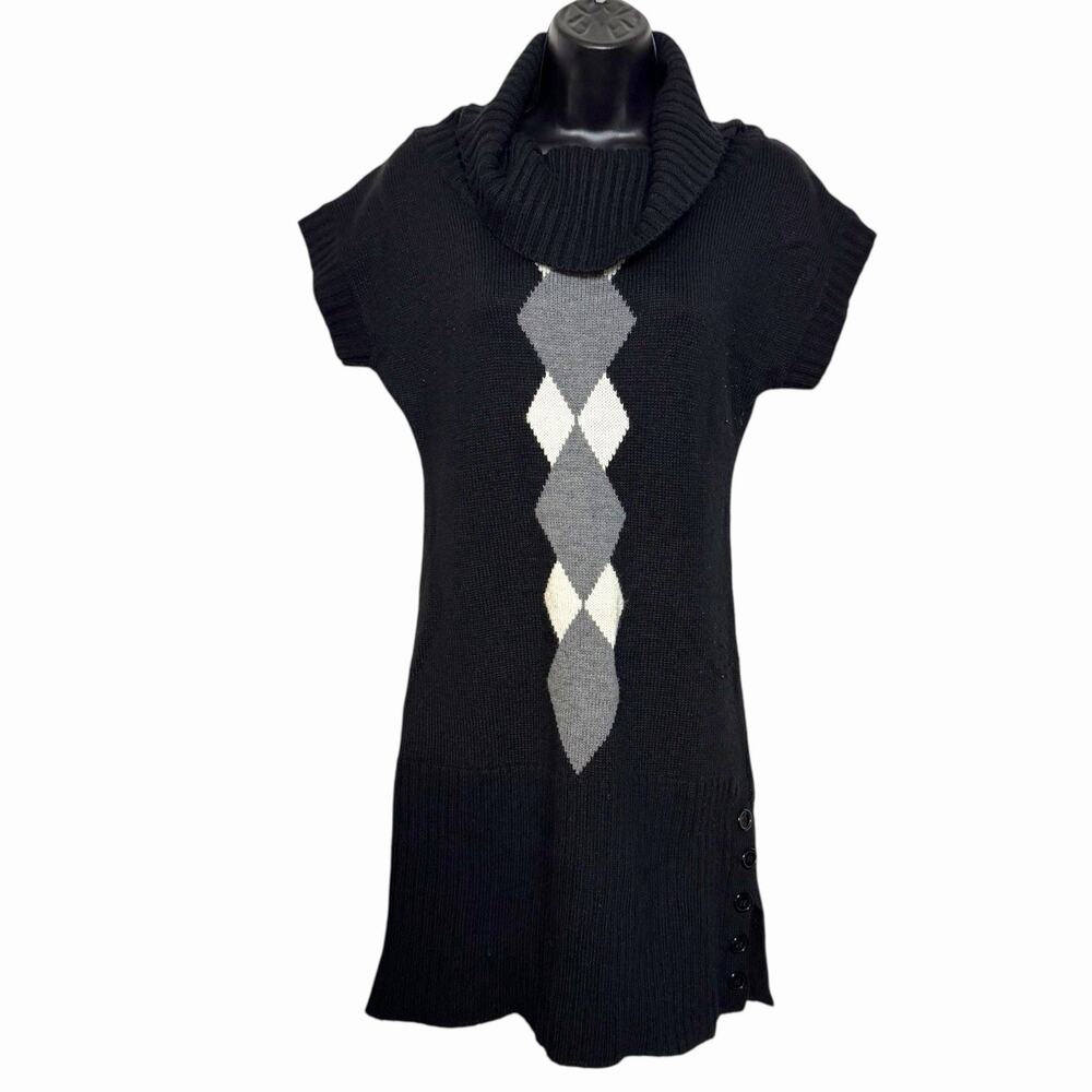 VTG Y2K ARGYLE SWEATER TUNIC BUTTON SIDE COWL NECK RETRO PREPPY BY KNIT MINDED L